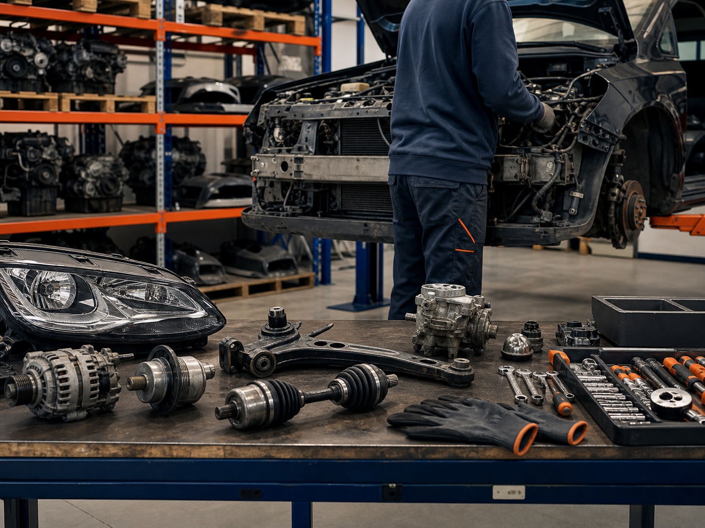 Atelier de dezmembrări auto, cu piese pregătite pentru verificare